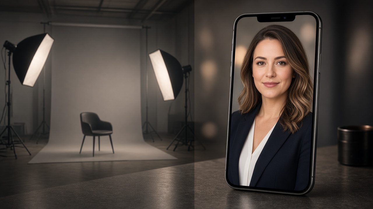 Traditional studio session versus a polished headshot from your phone