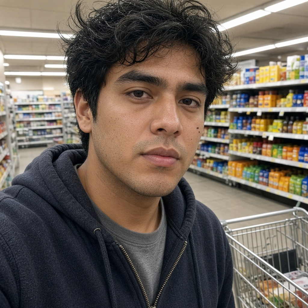 Grocery-store aisle selfie in a hoodie